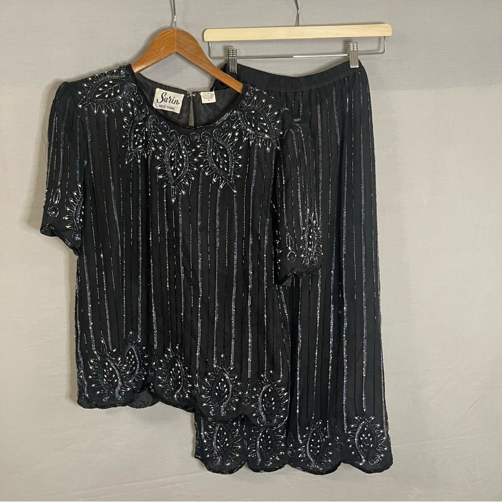 SARIN Vintage Black 100% Silk Formal Set Skirt Beaded Tacky 80s Size Medium